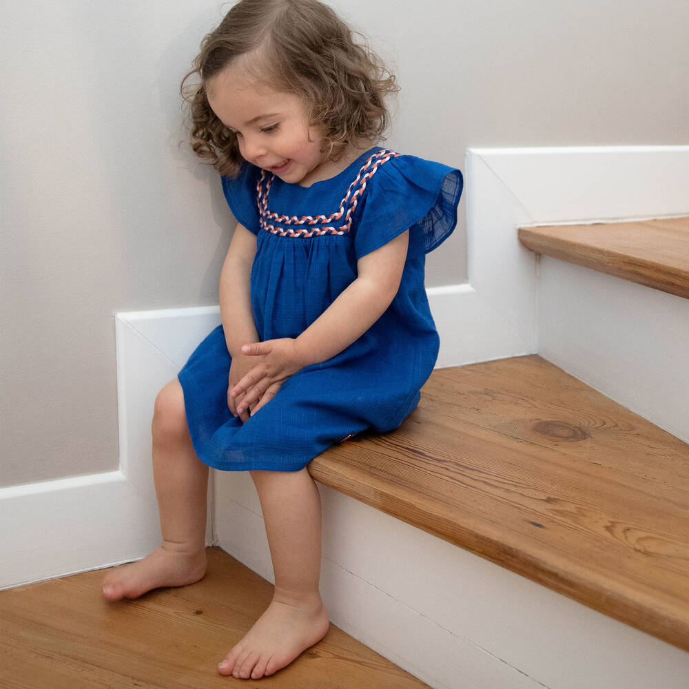 Carrément Beau-Girls Blue Embroidered Cotton Dress | Childrensalon Outlet