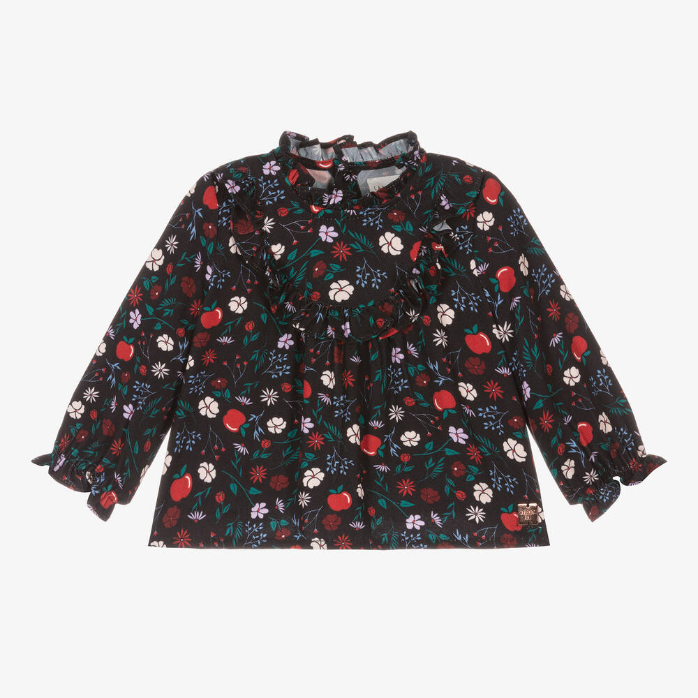 Carrément Beau - Girls Blue Flowers & Apples Twill Blouse | Childrensalon