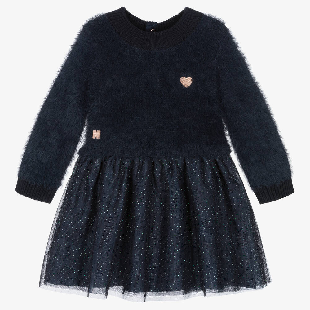 Carrément Beau - Girls Blue Knit & Glittery Tulle Dress | Childrensalon