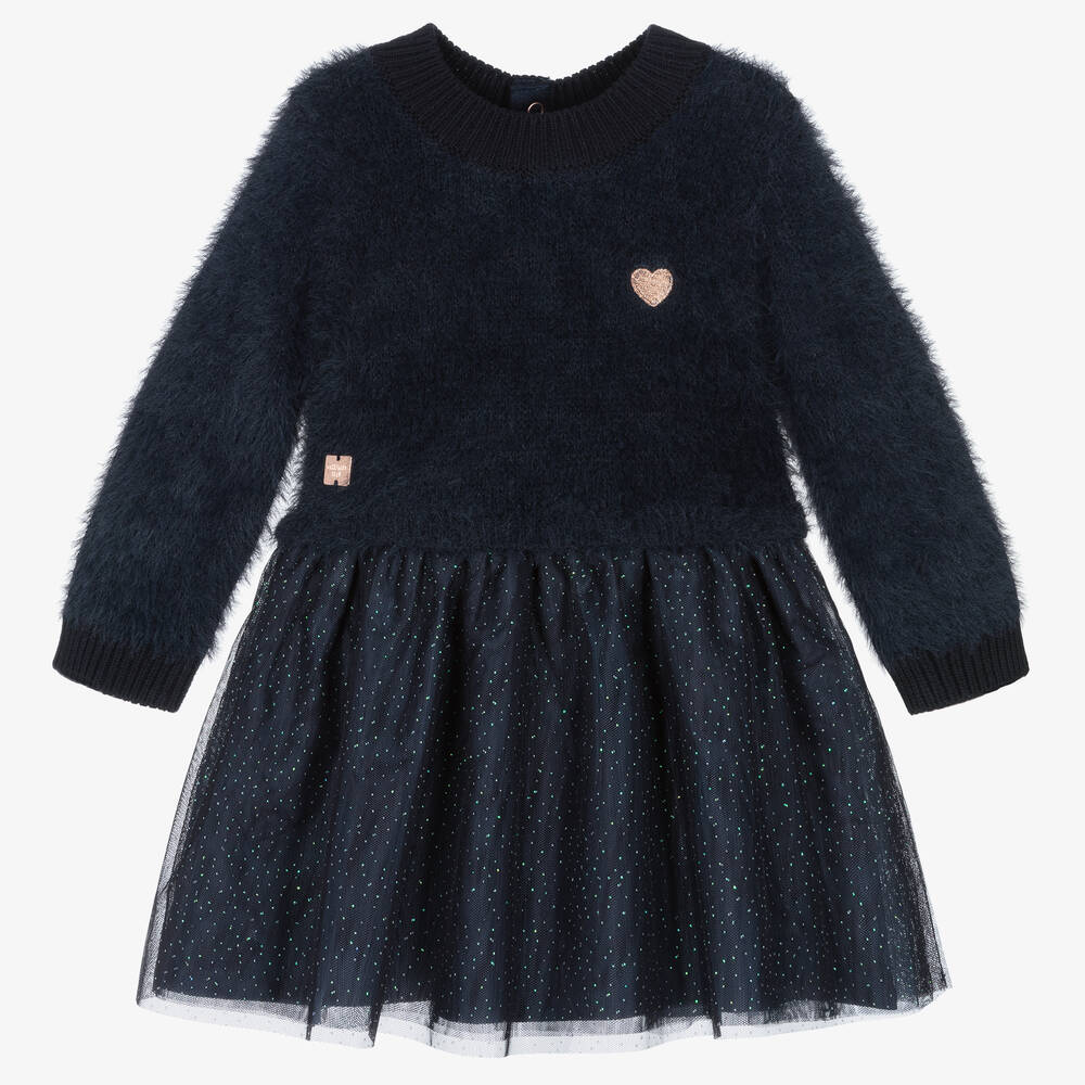 Carrément Beau - Blaues Strick- & Glitzertüllkleid | Childrensalon