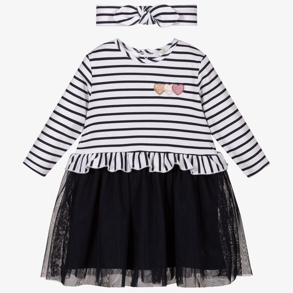 Carrément Beau - Girls Blue Striped Dress Set | Childrensalon