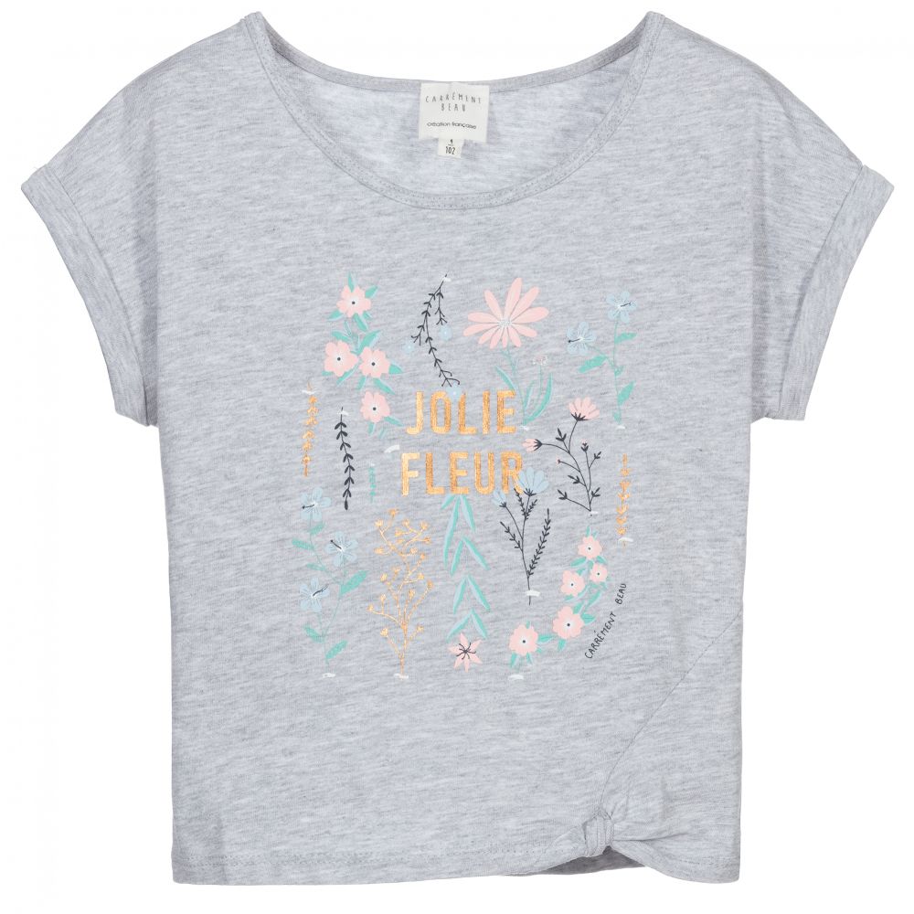 Carrément Beau - Girls Grey Marl Cotton T-Shirt | Childrensalon