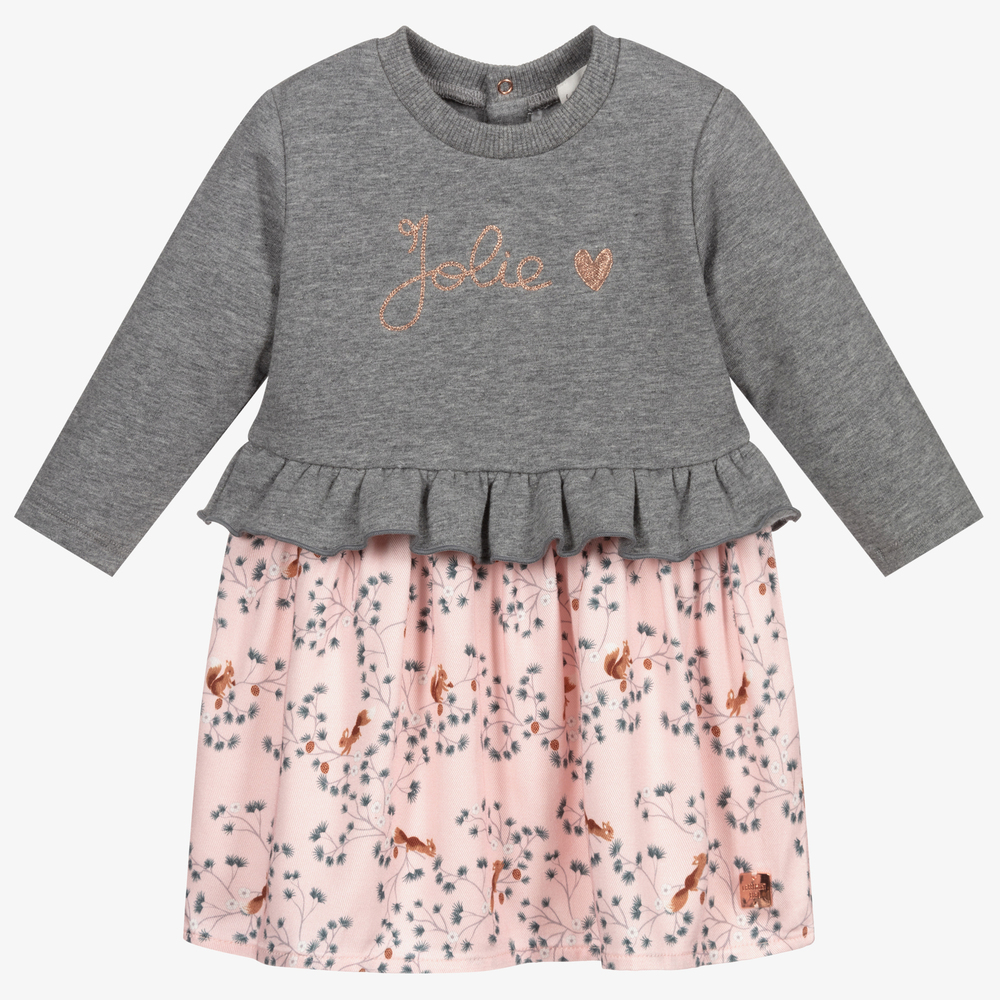 Carrément Beau - Girls Grey & Pink Cotton Dress | Childrensalon
