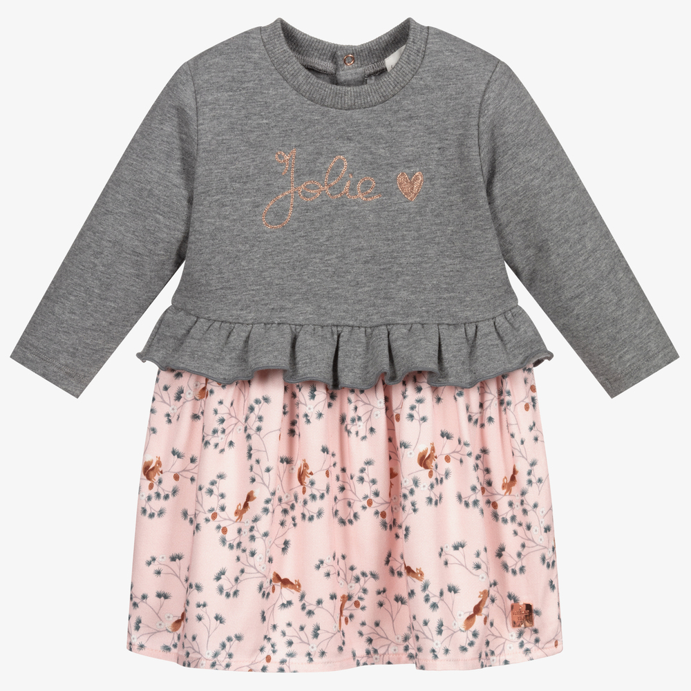 Carrément Beau - Robe grise et rose en coton | Childrensalon