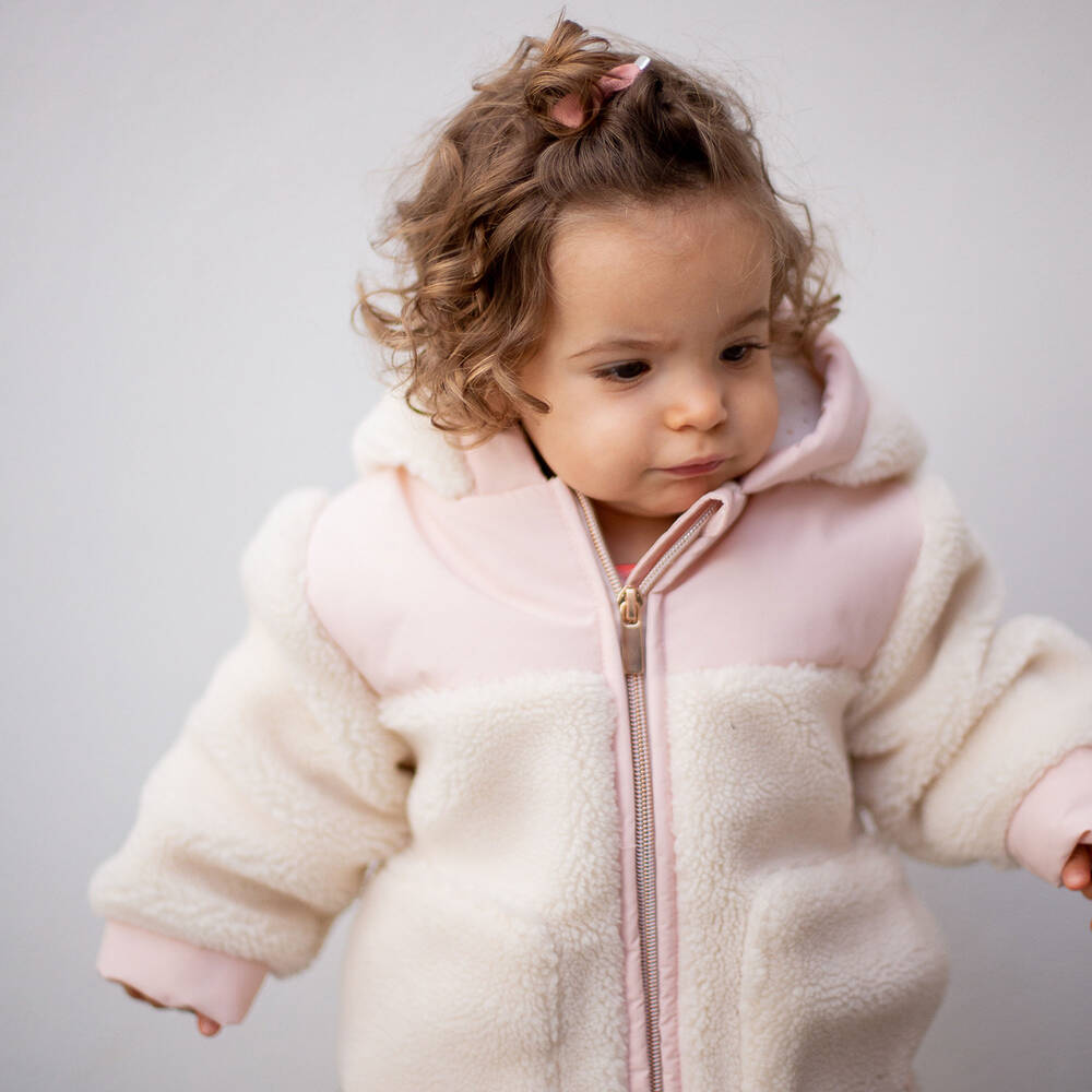 Carrement Beau Girls Ivory Pink Teddy Fleece Coat