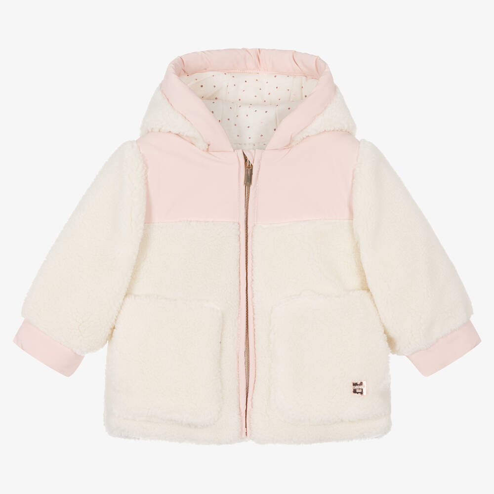 Carrément Beau - Girls Ivory & Pink Teddy Fleece Coat | Childrensalon