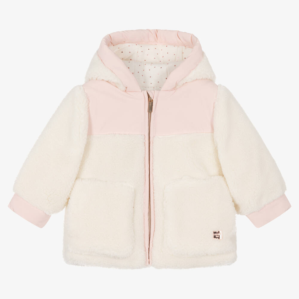 Carrément Beau-Girls Ivory & Pink Teddy Fleece Coat | Childrensalon Outlet