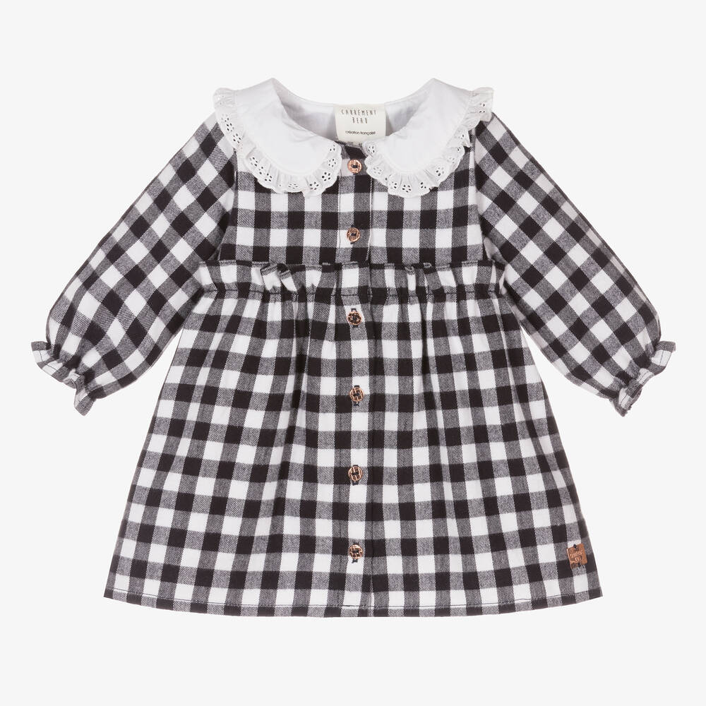 Carrément Beau - Girls Navy Blue Check Cotton Dress | Childrensalon