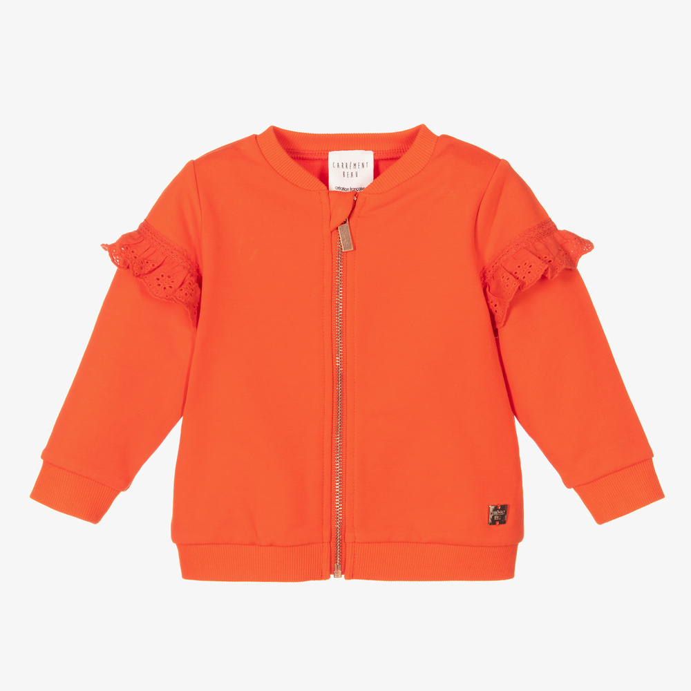 Carrément Beau - Girls Orange Cotton Zip-Up Top | Childrensalon