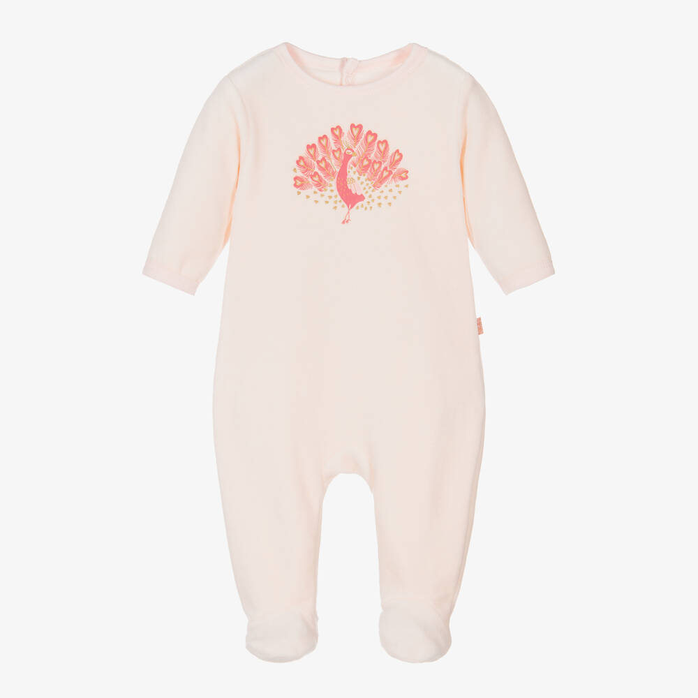 Carrément Beau - Girls Pink Cotton Velour Peacock Babygrow | Childrensalon