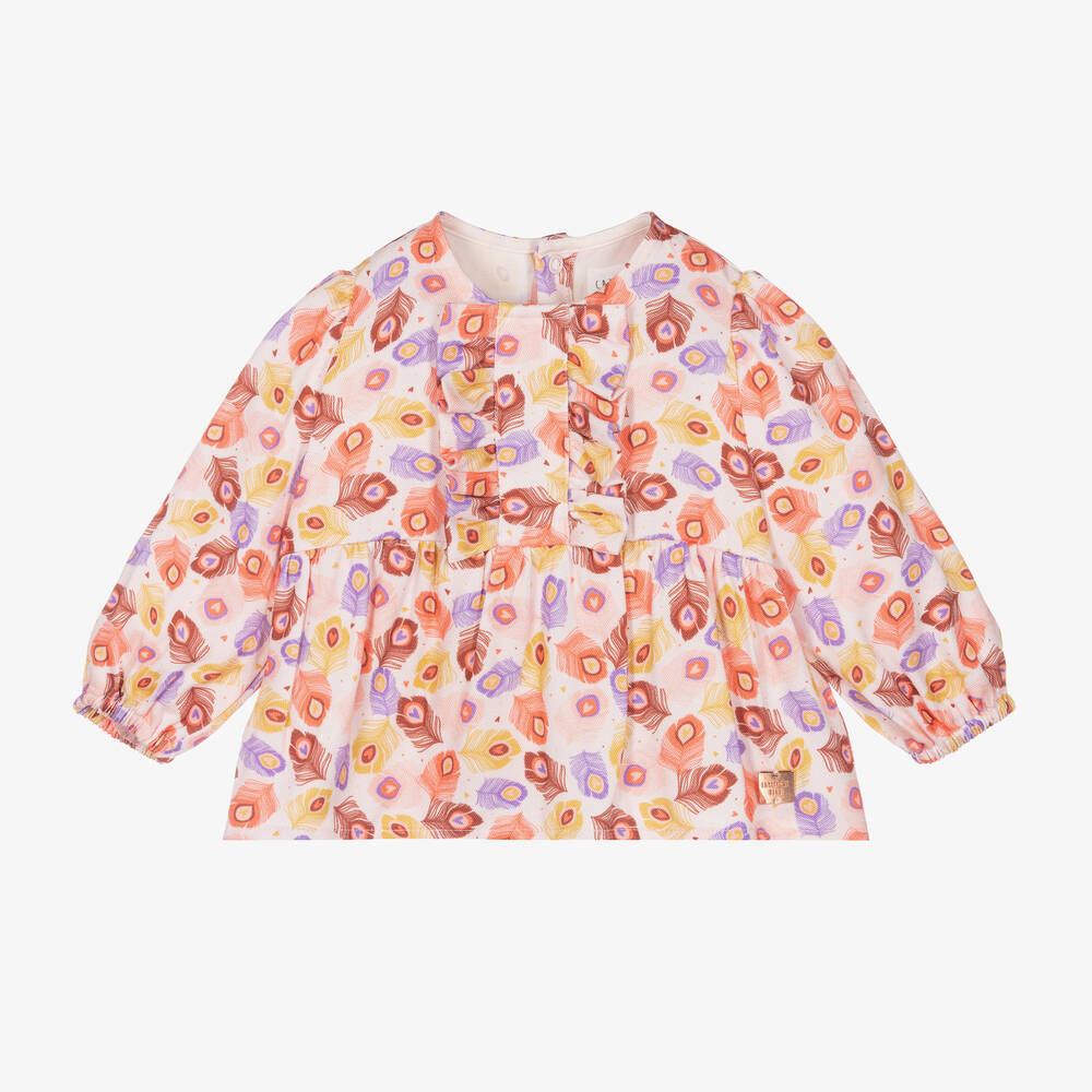 Carrément Beau - Rosa Rüschenbluse mit Feder-Print | Childrensalon