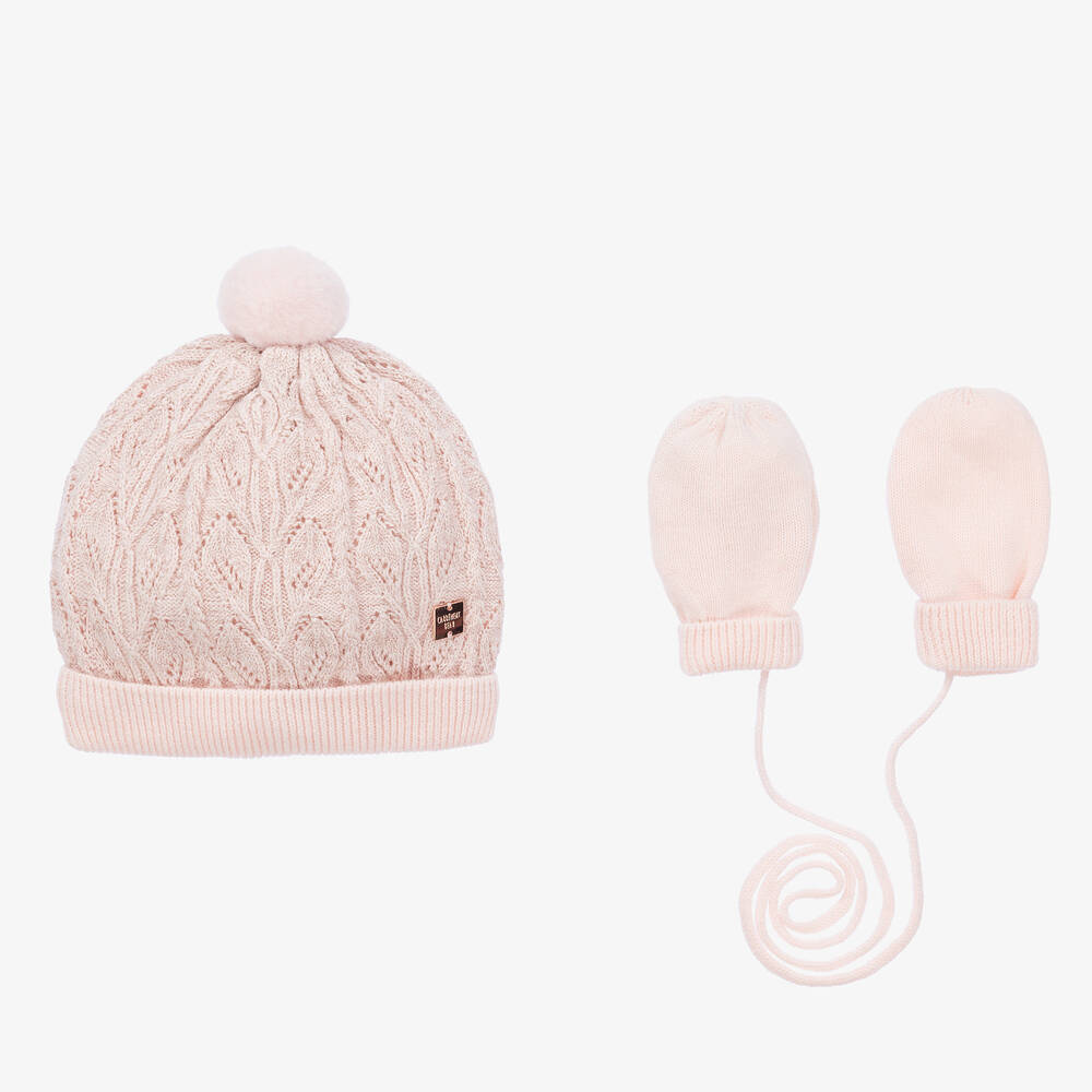 Carrément Beau - Rosa Strickmütze & Fäustlinge Set | Childrensalon