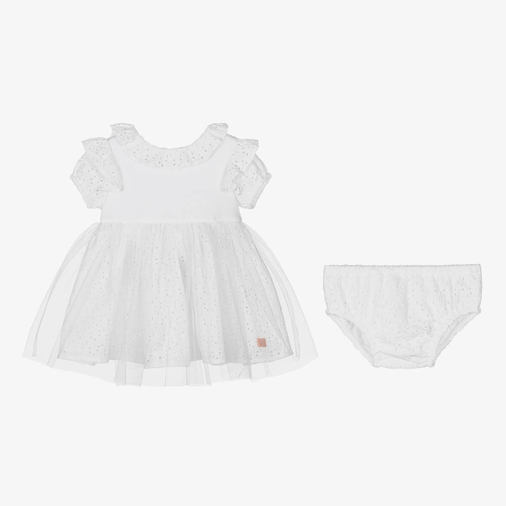 Carrément Beau-Белое платье с вышивкой английской гладью | Childrensalon Outlet