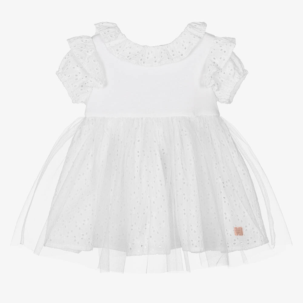 Carrément Beau - Girls White Broderie Anglaise Dress | Childrensalon