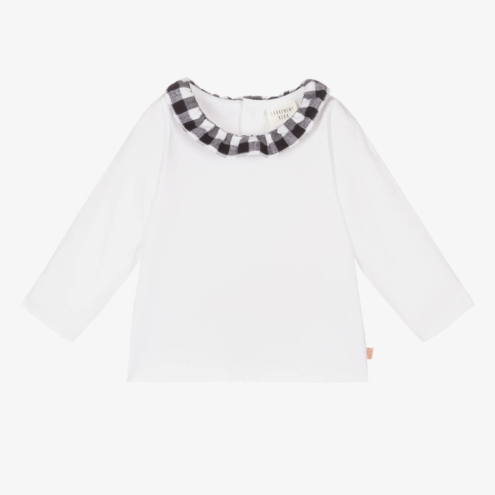Carrément Beau - Girls White Cotton Check Collar Top | Childrensalon