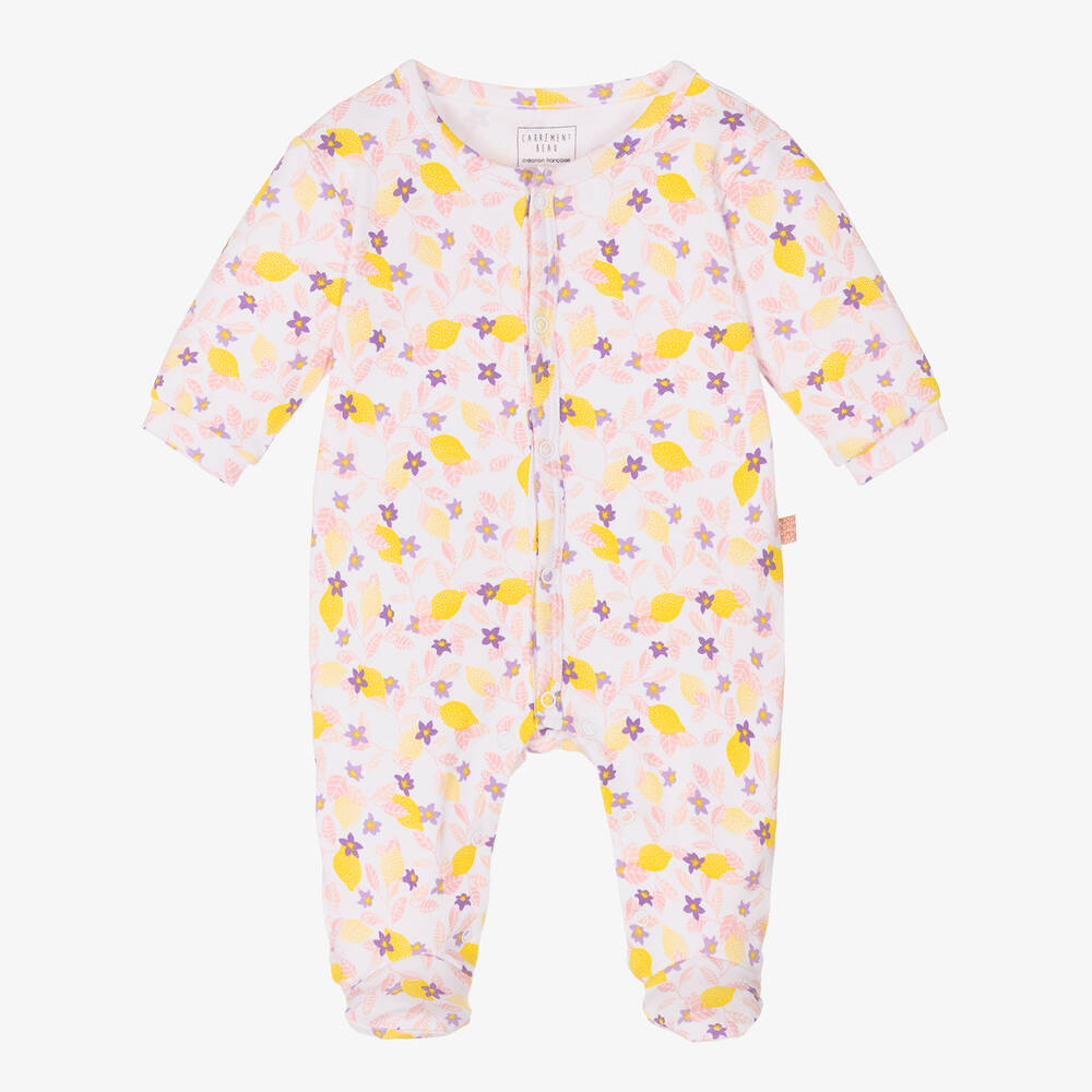 Carr ment Beau Girls White Cotton Floral Lemon Babygrow