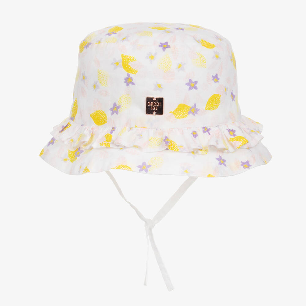 Carrément Beau - Girls White Cotton Floral Lemon Sun Hat | Childrensalon