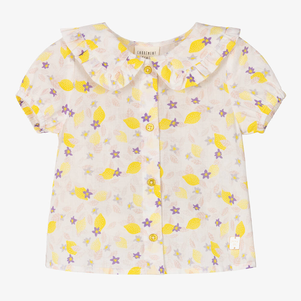 Carrément Beau - Girls White Cotton Lemon & Flower Blouse | Childrensalon