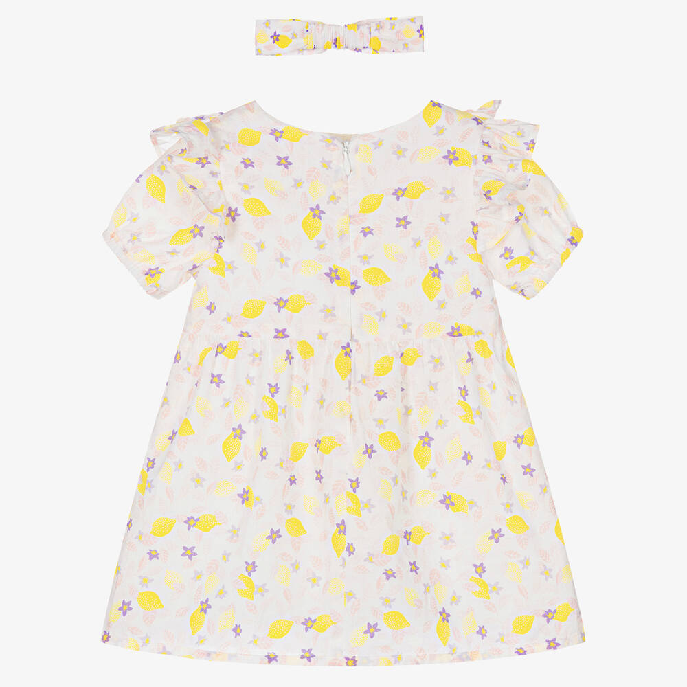 Carrément Beau-Белое хлопковое платье и повязка на голову с цветами и лимонами | Childrensalon Outlet