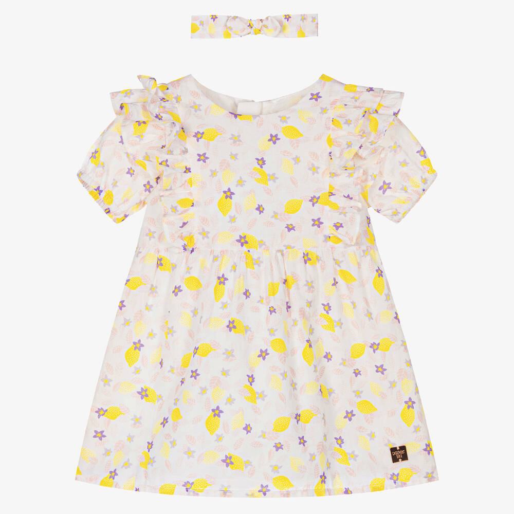 Carrément Beau - Girls White Cotton Lemon & Flower Dress Set | Childrensalon