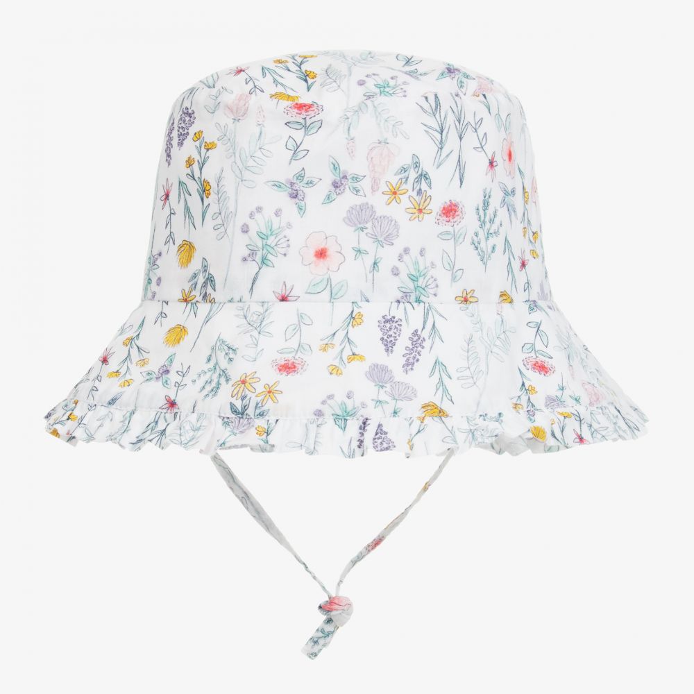 Carrément Beau - قبعة للشمس قطن لون أبيض بطبعة ورود للبنات | Childrensalon