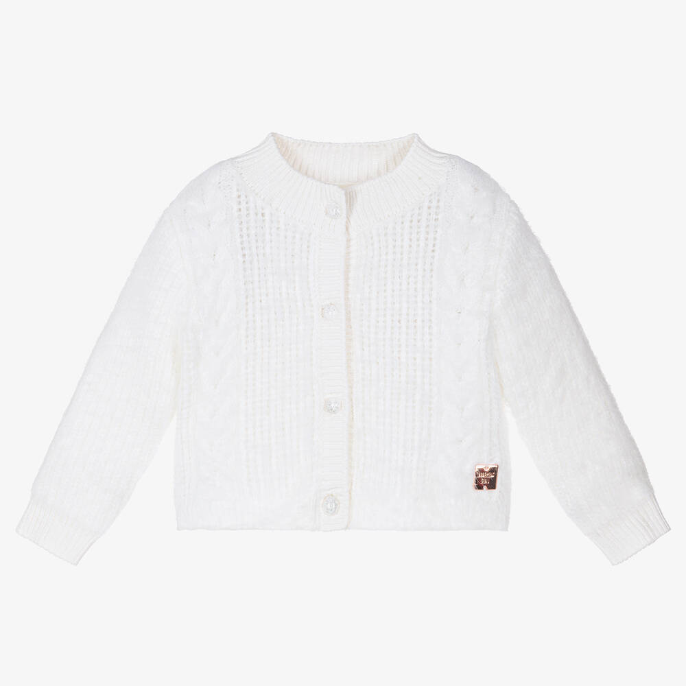 Carrément Beau - Girls White Knit Fluffy Cardigan | Childrensalon