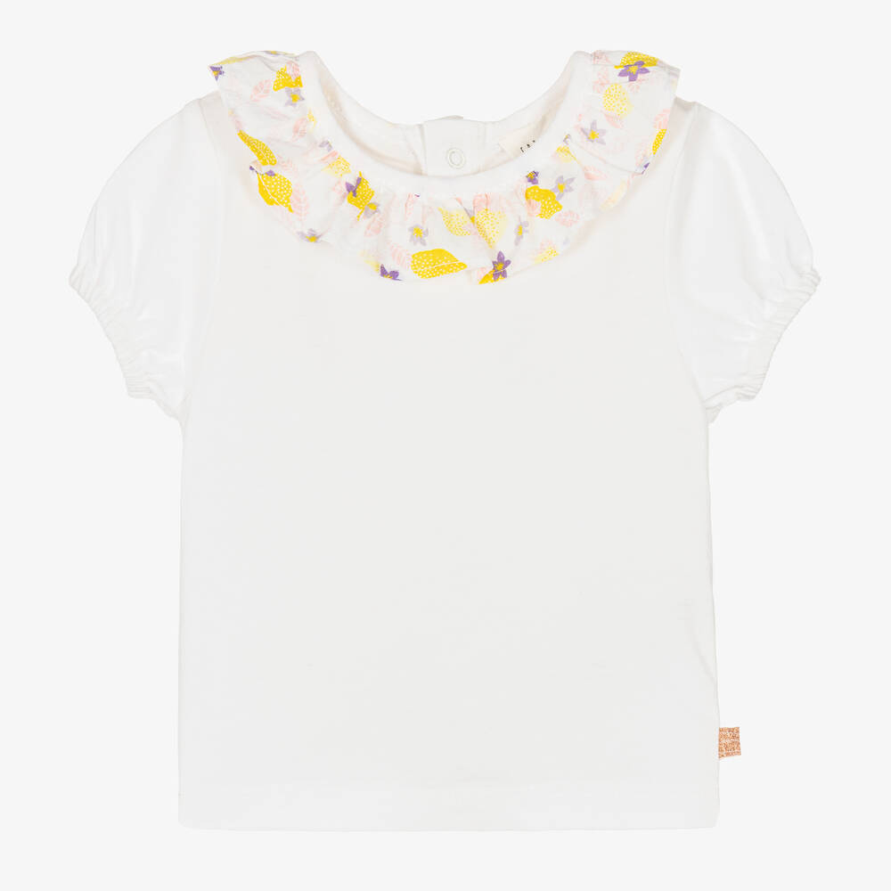 Carrément Beau - Girls White Lemon & Flower Collar T-Shirt | Childrensalon