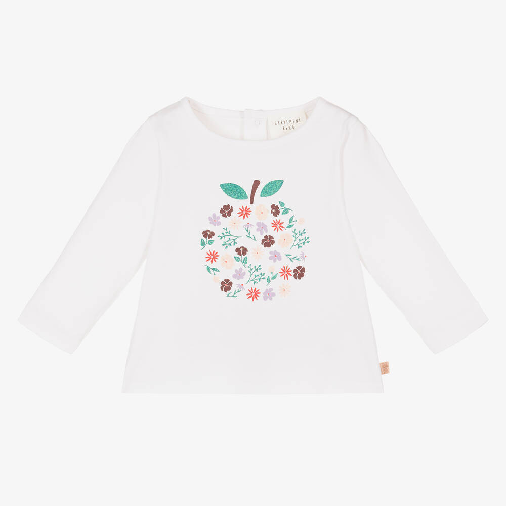 Carrément Beau - Girls White Organic Cotton Apple Top | Childrensalon