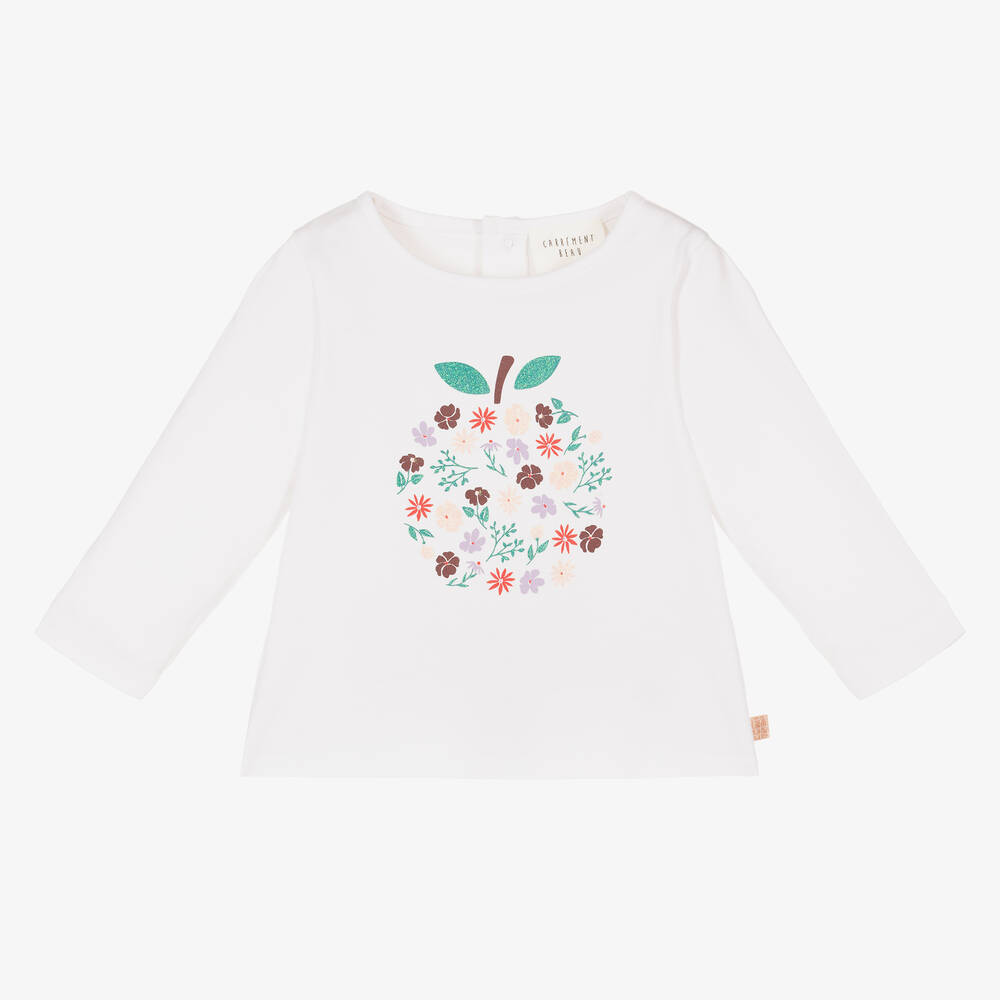 Carrément Beau-Girls White Organic Cotton Apple Top | Childrensalon Outlet