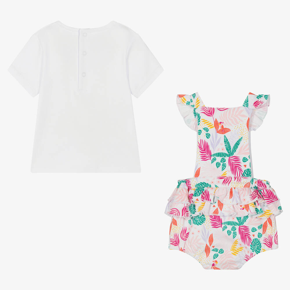 Carrément Beau-Girls White & Pink Cotton Dungarees Set | Childrensalon Outlet