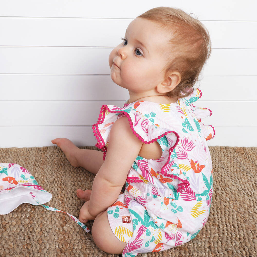 Carr ment Beau Girls White Pink Tropical Print Playsuit
