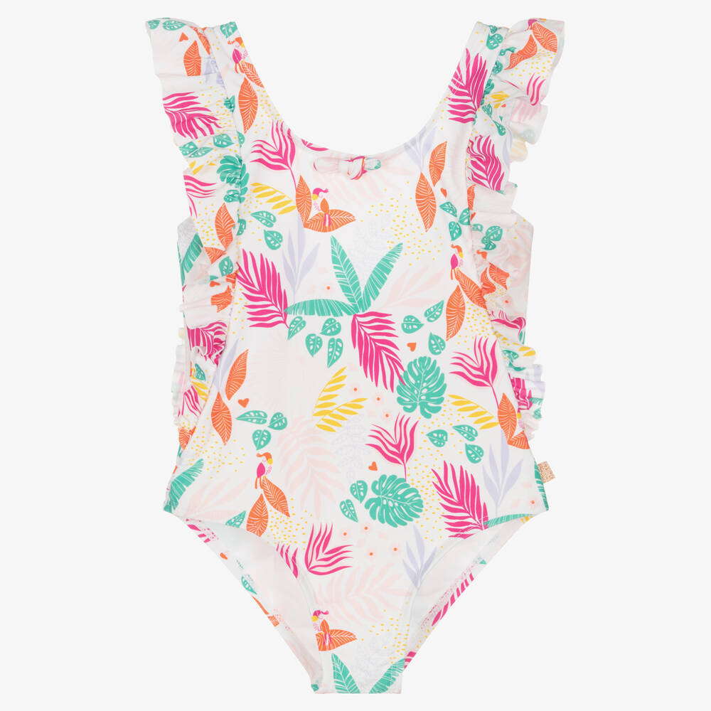 Carrément Beau - Girls White & Pink Tropical Ruffle Swimsuit | Childrensalon