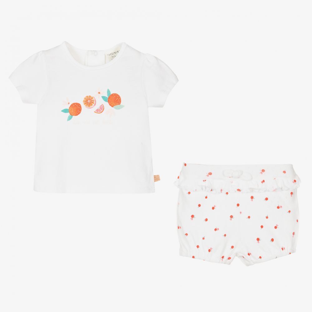 كاريمون بو-طقم شورت قطن عضوي لون أبيض وبرتقالي للمولودات | Childrensalon Outlet