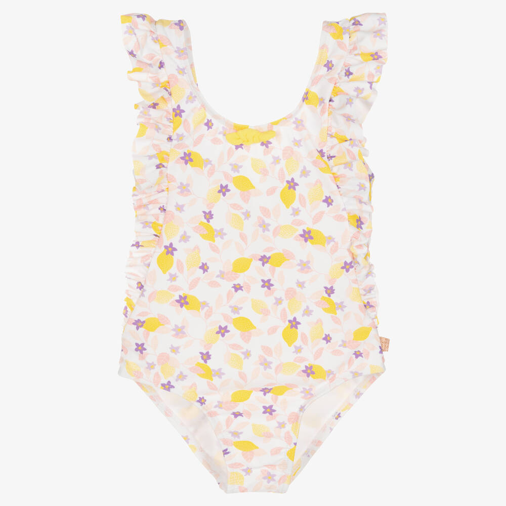 Carrément Beau - Girls White & Yellow Floral Ruffle Swimsuit | Childrensalon