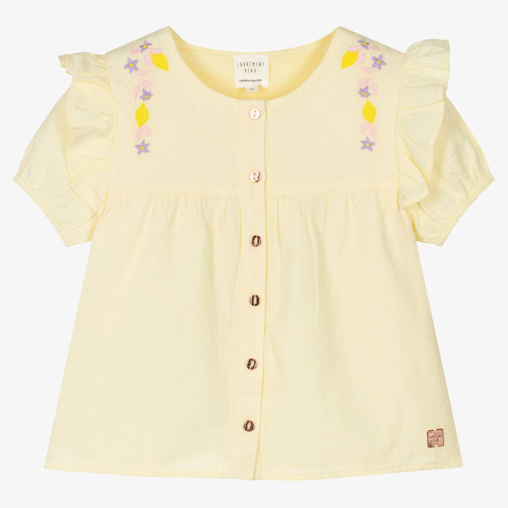 Carrément Beau - Girls Yellow Embroidered Cotton Blouse | Childrensalon