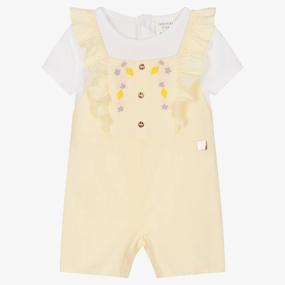 Carrément Beau - Girls Yellow Lemon & Flower Dungaree Set | Childrensalon