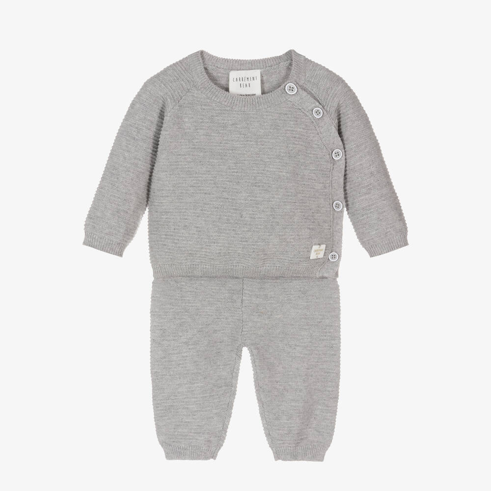 Carrément Beau - Grey Cotton & Wool Knit Baby Trouser Set | Childrensalon