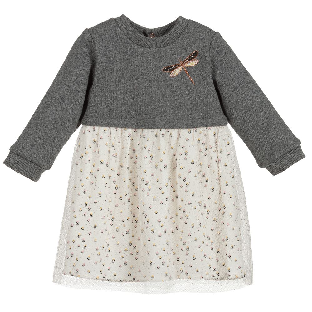 Carrément Beau - Платье цвета слоновой кости и серого цвета со стрекозами | Childrensalon
