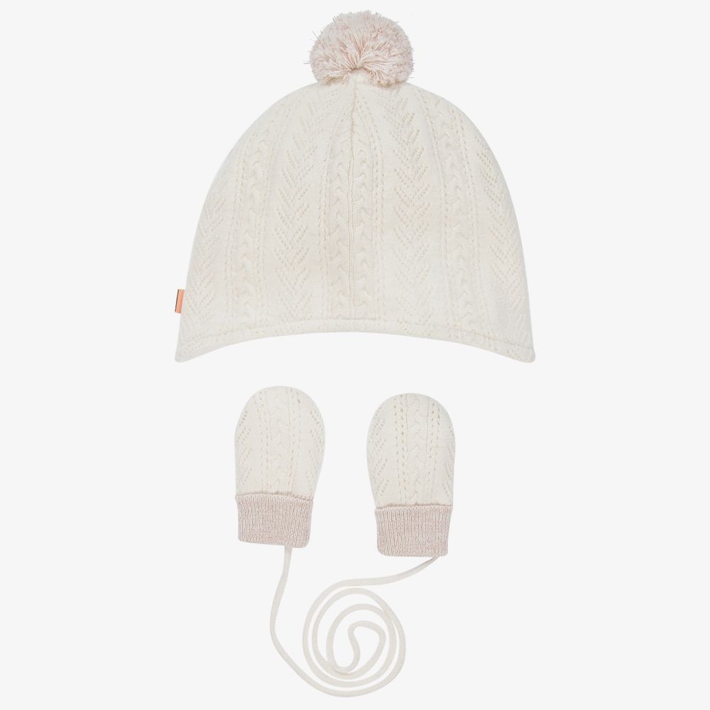 Carrément Beau-طقم قبعة أطفال بناتي قطن عضوي محبوك لون عاجي | Childrensalon Outlet