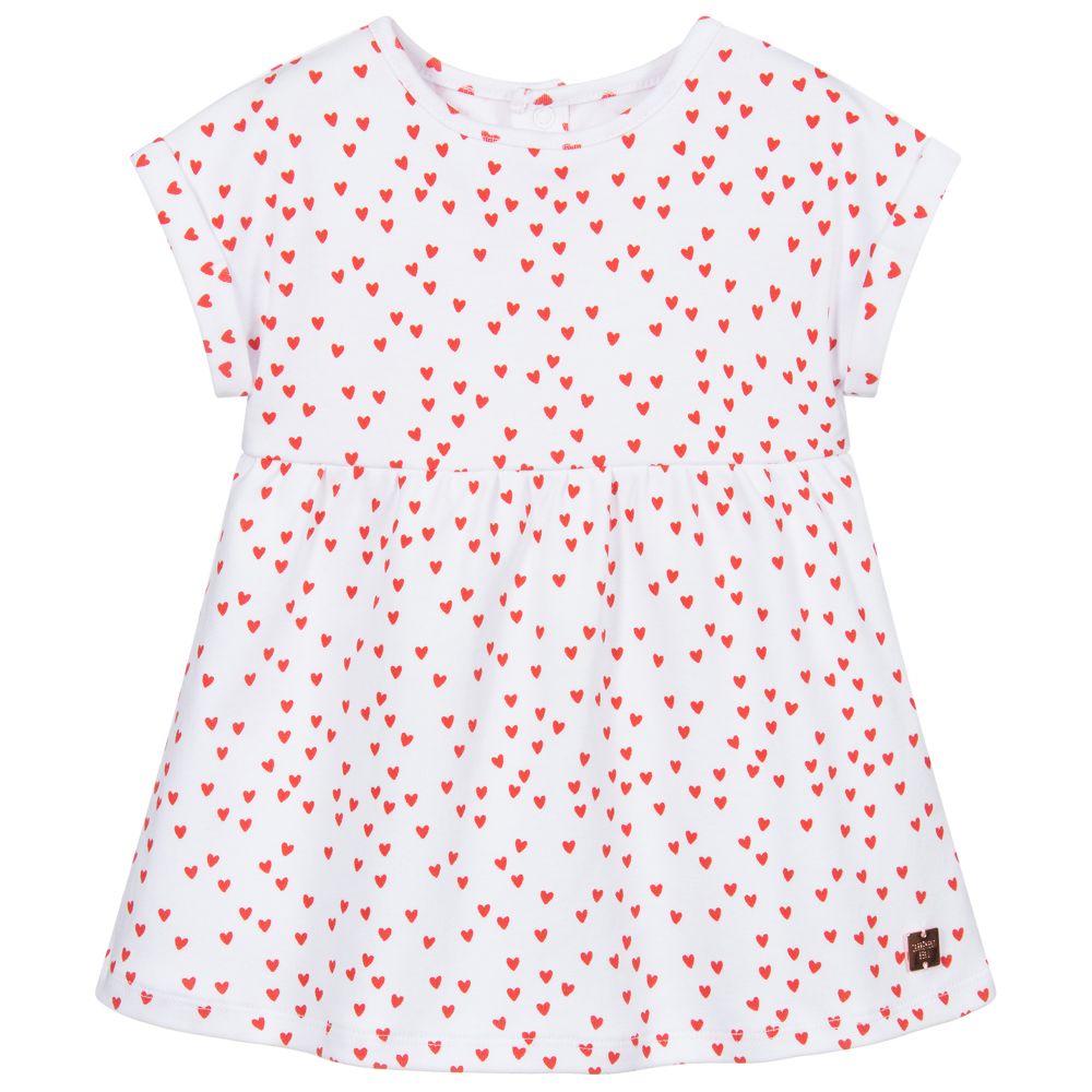 Carrément Beau - فستان قطن عضوي لون أبيض وأحمر | Childrensalon