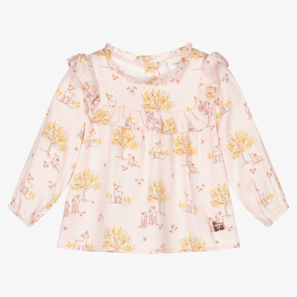 Carrément Beau - Pink Floral Deer Ruffle Blouse | Childrensalon