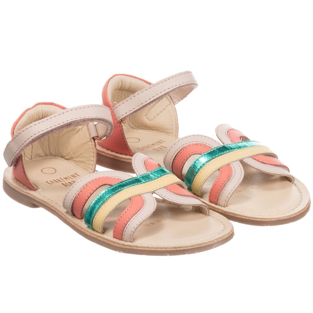 Carrément Beau - Pink & Green Leather Sandals | Childrensalon