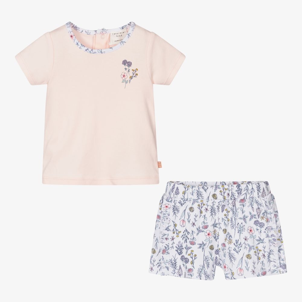 Carrément Beau-طقم شورت قطن عضوي لون زهري وأبيض بطبعة ورود | Childrensalon Outlet