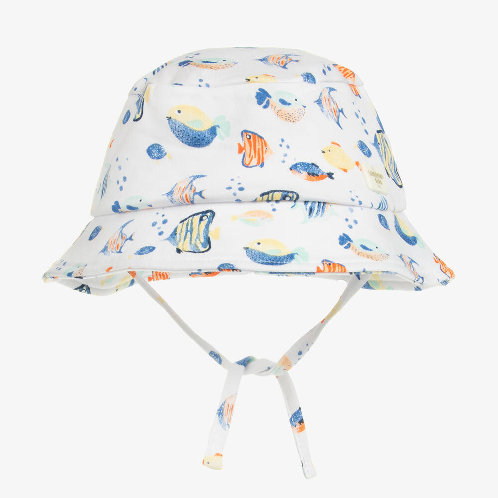 Carrément Beau - White & Blue Fish Organic Baby Sun Hat | Childrensalon