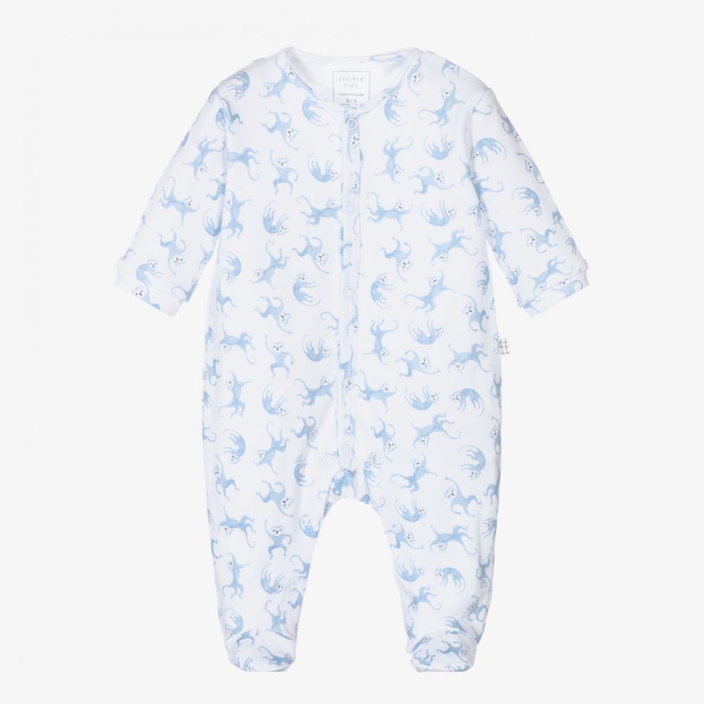 Carrément Beau - White & Blue Monkeys Babygrow | Childrensalon
