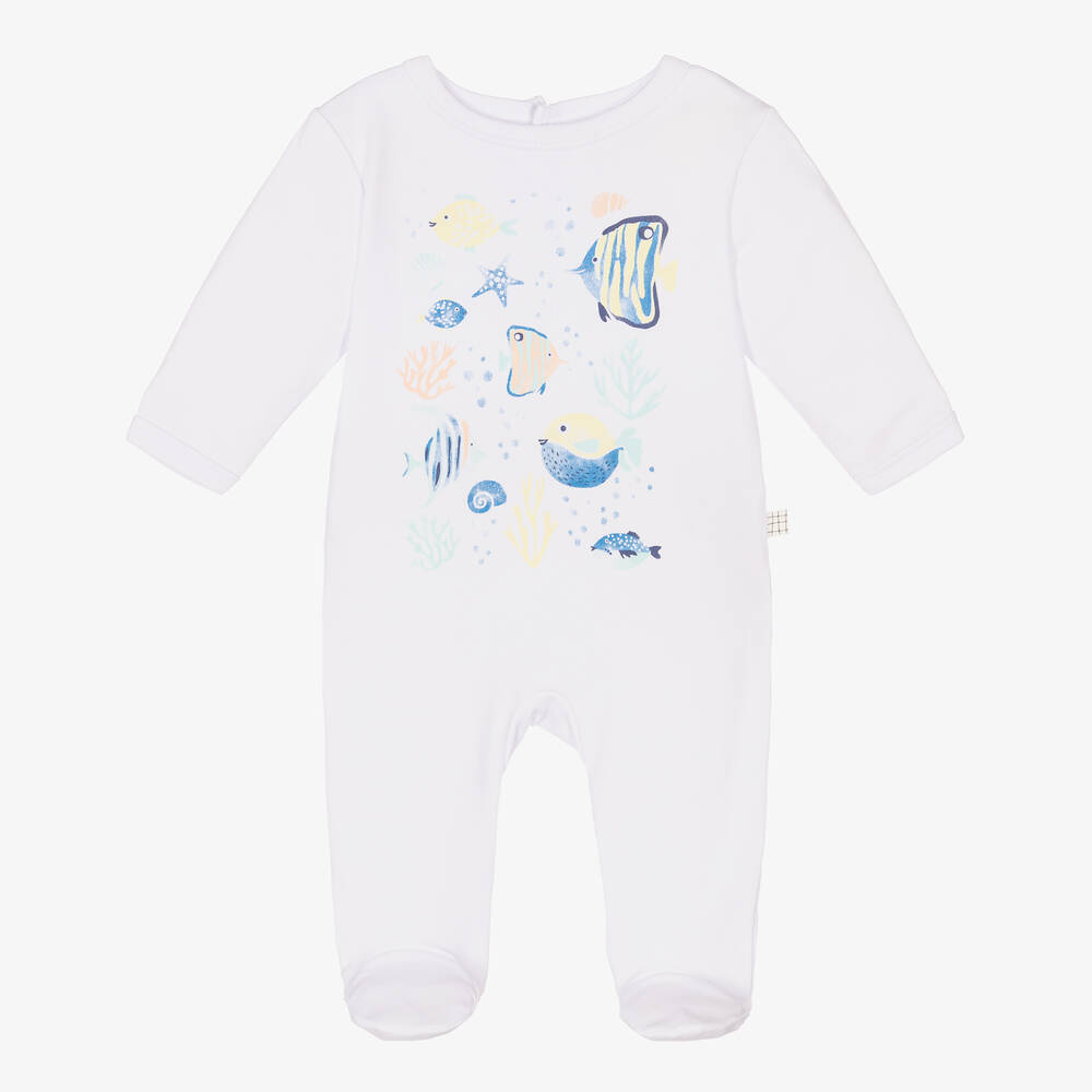 Carrément Beau - White Cotton Aquatic Print Babygrow | Childrensalon