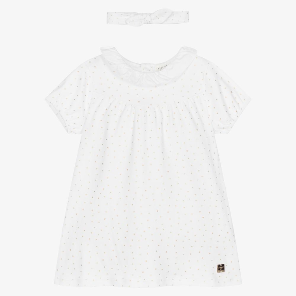 Carrément Beau - طقم فستان وطوق للرأس قطن عضوي لون أبيض | Childrensalon