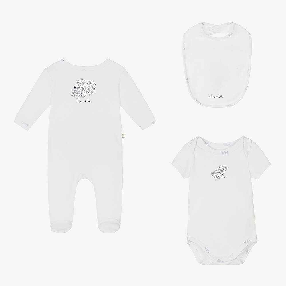 Carrément Beau - White Cotton Bear Print Babysuit Set | Childrensalon