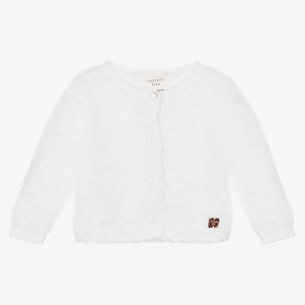 Carrément Beau - White Fluffy Knit Cardigan | Childrensalon