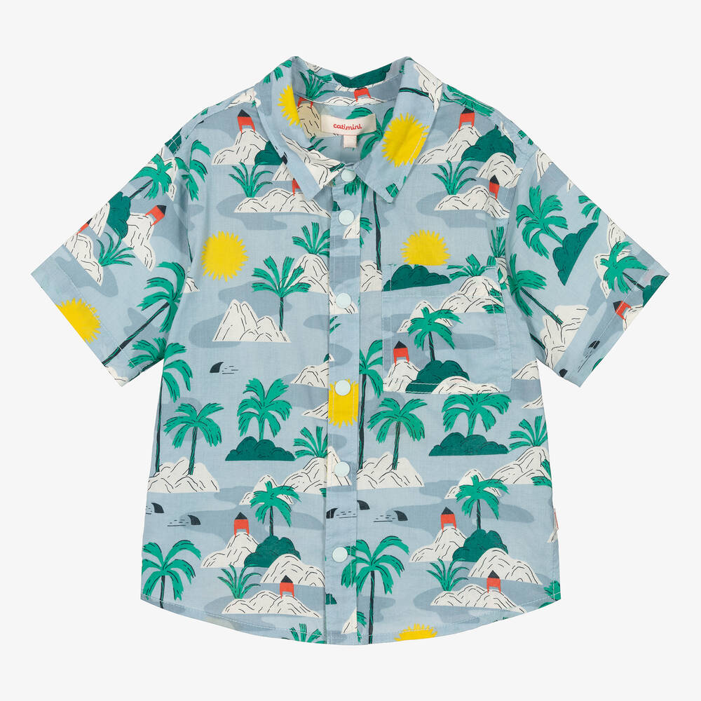 Catimini - Boys Blue Cotton Palm Tree Print Shirt | Childrensalon
